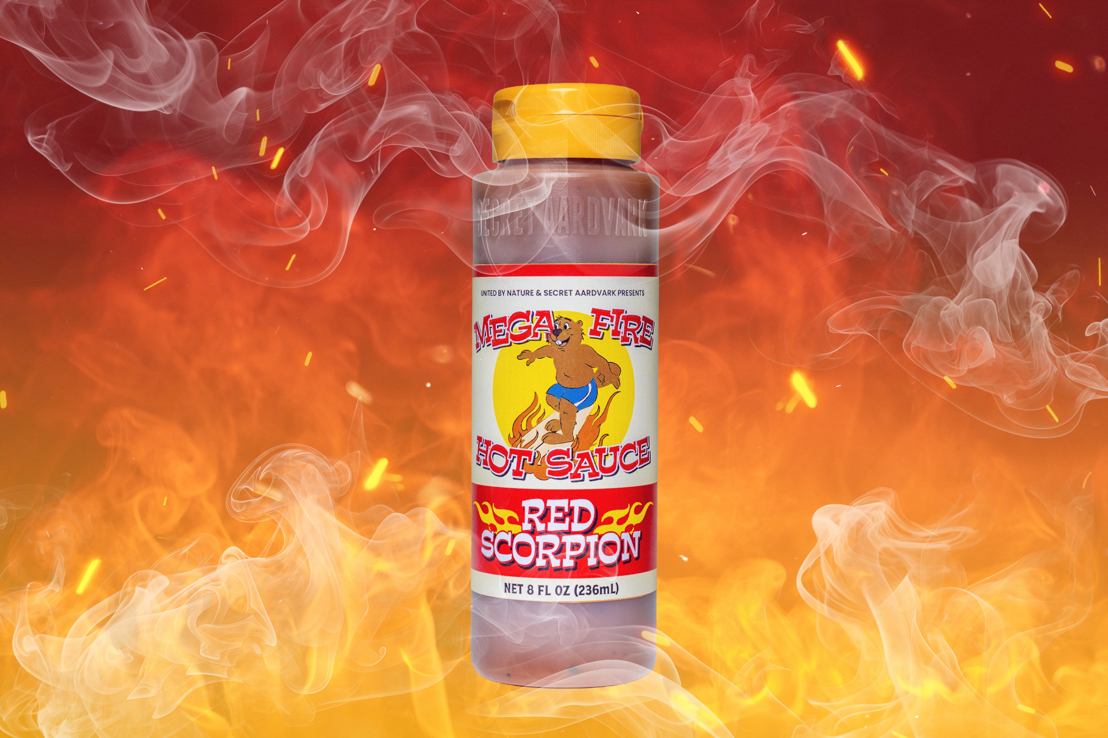 Mega Fire hot sauce bottle on red background